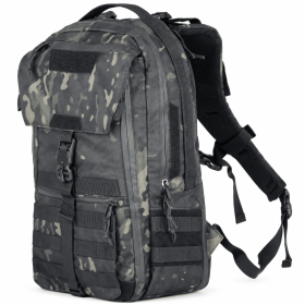 Tactical Backpack with Front Flap, Webbing and Zipper Pockets for Travel and Hiking (Color: black camo)