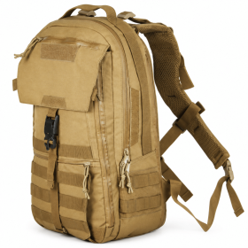 Tactical Backpack with Front Flap, Webbing and Zipper Pockets for Travel and Hiking (Color: Tan)
